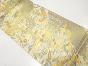 アンティーク　道長取りに狩人・花鳥模様織り出し袋帯（着用可）